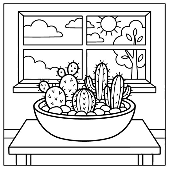 A wide shallow bowl planted with small cacti and pebbles on a table, coloring sheet