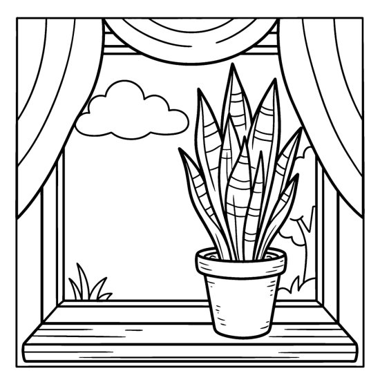 A tall snake plant with upright pointed leaves on a window ledge below a cloud, coloring sheet