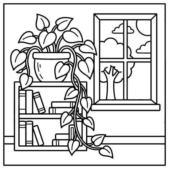 A trailing philodendron on a low bookcase with vines hanging past the books, coloring sheet