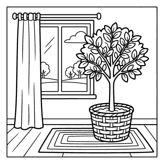 A small indoor tree in a woven basket planter on the floor by a window, coloring page