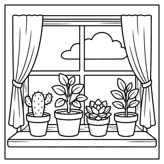 A row of four small potted plants along a window ledge with a cloud, coloring sheet