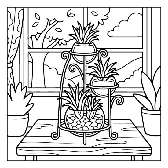 A few air plants on a small wire stand with pebbles on a table by a window, coloring page