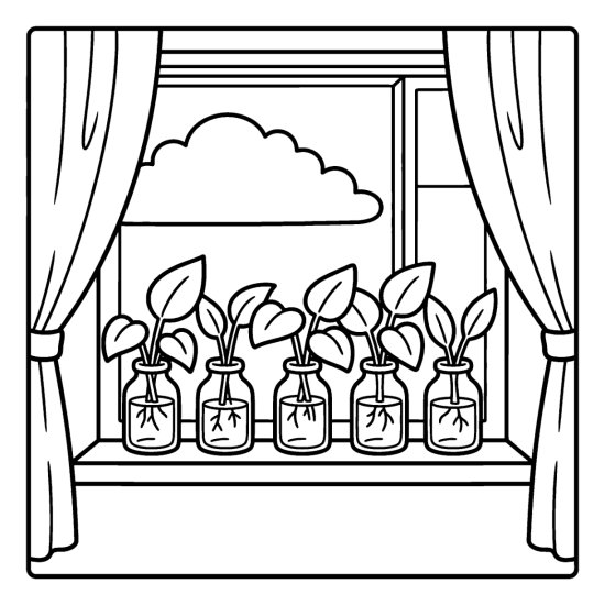 Several leafy cuttings rooting in glass bottles along a window ledge, coloring sheet