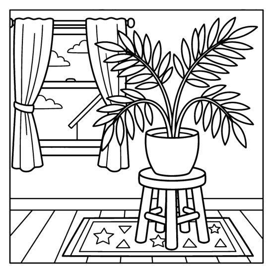 A potted parlor palm with slender fronds on a wooden stool by a window, coloring page