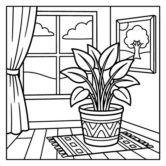 A large leafy plant in a tall round tub by a window with a framed picture, coloring sheet