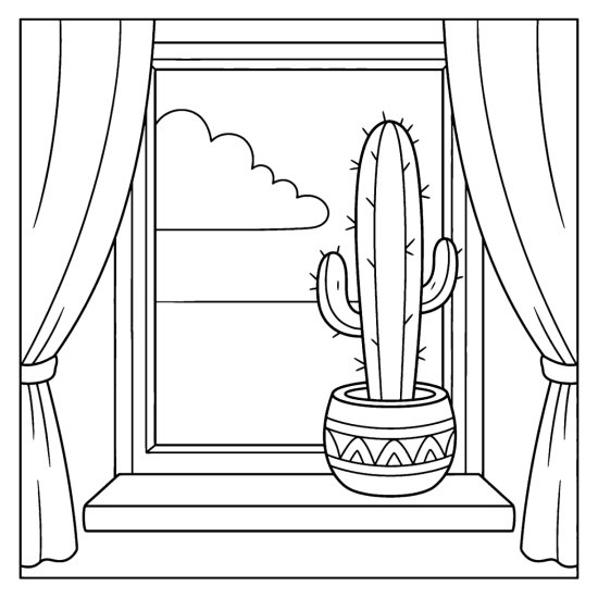 A single tall column cactus in a pot on a sunny window ledge with a cloud, coloring page