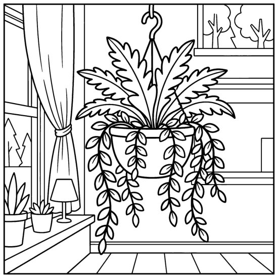 A leafy fern in a hanging basket with fronds trailing down by a window, coloring sheet