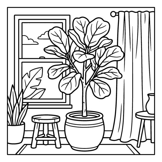A fiddle leaf fig tree in a large pot by a window with a wooden stool, coloring page