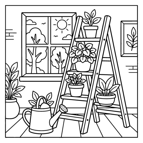 A leaning ladder display holding several potted plants with a watering can, coloring page