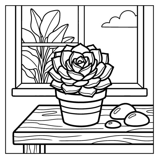 A single rosette succulent with thick layered leaves in a pot with pebbles, coloring page
