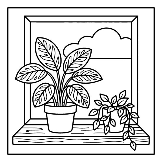 A calathea with patterned oval leaves in a pot beside a small trailing plant, coloring sheet