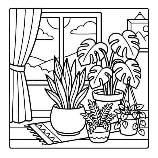 A cluster of several different potted plants grouped on the floor by a window, coloring page