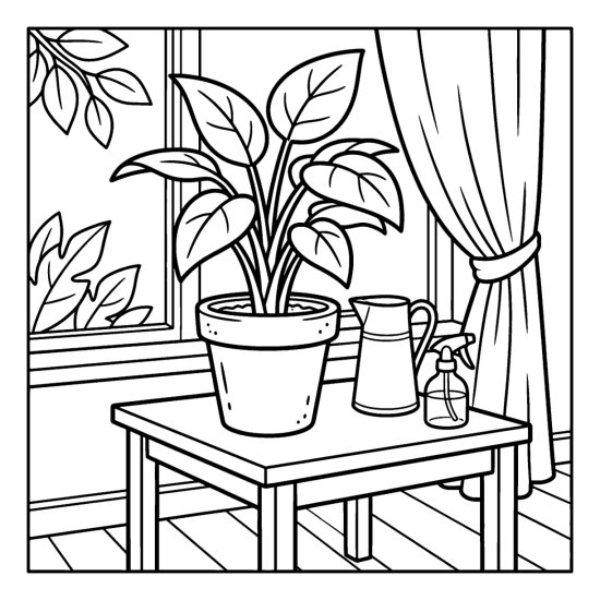 A large leafy potted plant on a table beside a jug and a spray mister, coloring sheet