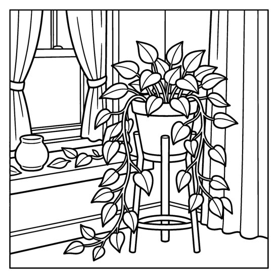 A pothos with long trailing vines spilling from a raised pot by a window, coloring sheet