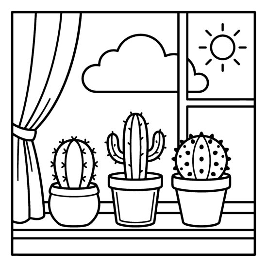 Three small cacti in separate pots on a sunny window ledge with a cloud, coloring page