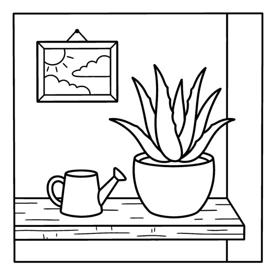 An aloe with thick pointed leaves in a pot beside a watering can and framed picture, coloring sheet