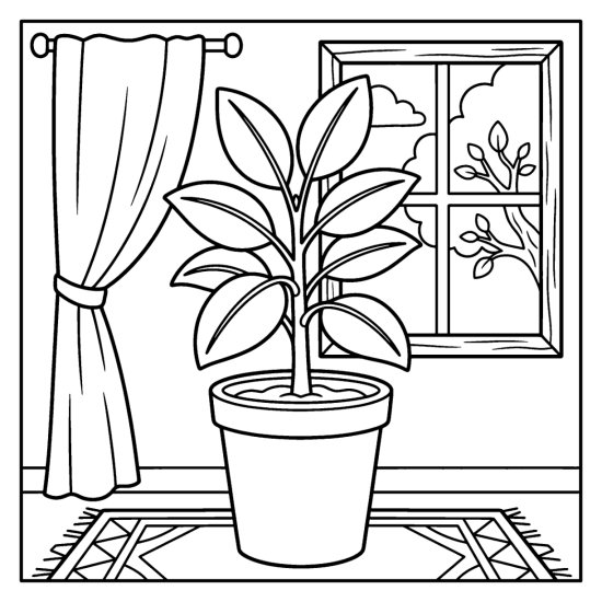 A rubber fig with broad oval leaves in a tall pot by a window with a rug, coloring page