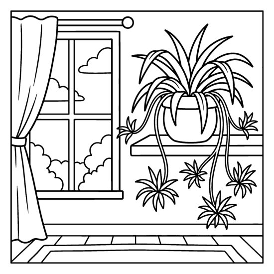 A spider plant with arching leaves and trailing babies in a hanging pot, coloring sheet