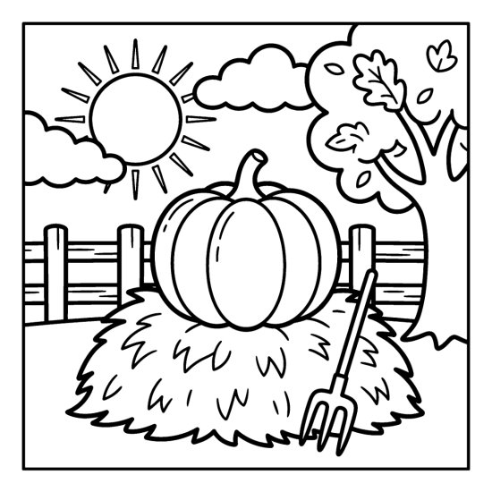 Round pumpkin resting on a haystack by a wooden fence under the sun, coloring page