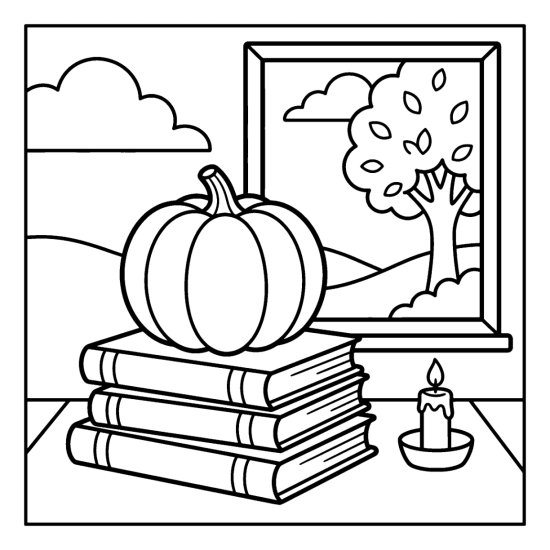 Pumpkin resting on a stack of blank books by a candle and window, bold and easy