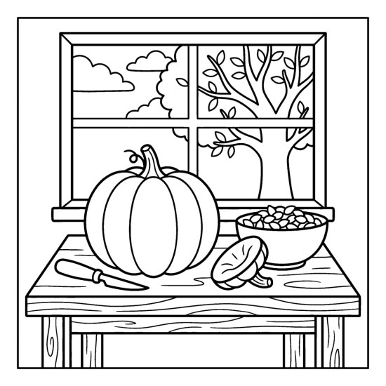 Round pumpkin with a carving tool and a bowl of seeds on a table, coloring page