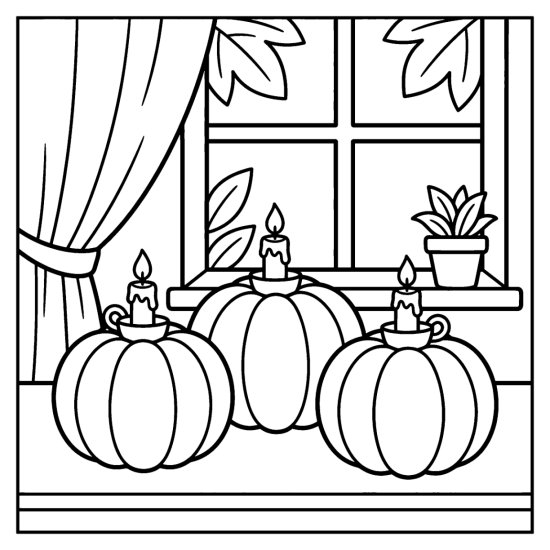 Three pumpkins topped with small candles on a tabletop by a window, coloring sheet