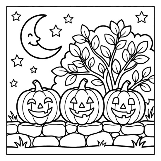 Three glowing carved pumpkins on a low stone wall under a crescent moon, bold and easy