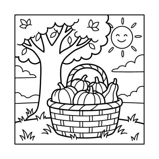 Wicker hamper full of small pumpkins and gourds on the grass, coloring page