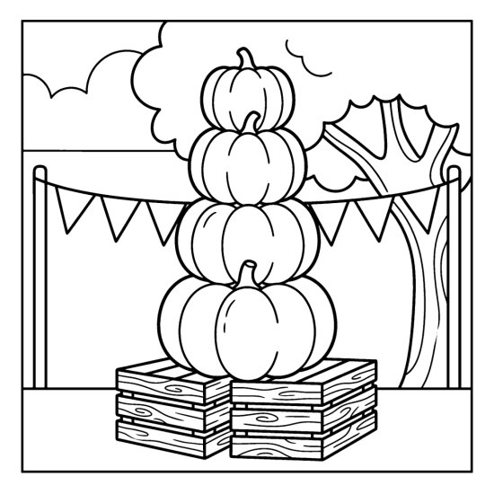 Pumpkins stacked on wooden crates at a farm stand by a tree, coloring sheet