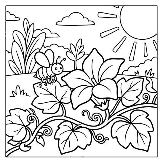 Open pumpkin blossom on a leafy vine with a little bee in a garden, coloring page