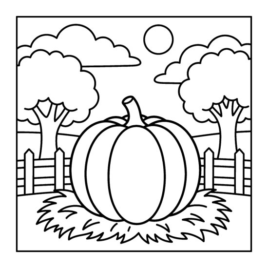 Giant round pumpkin on a bed of straw in a yard by a low fence, coloring sheet