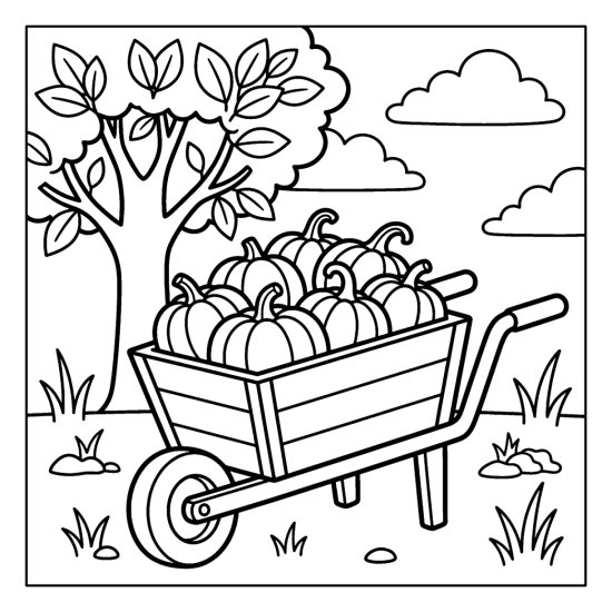 Wheelbarrow full of round pumpkins in a field by a leafy tree, coloring sheet