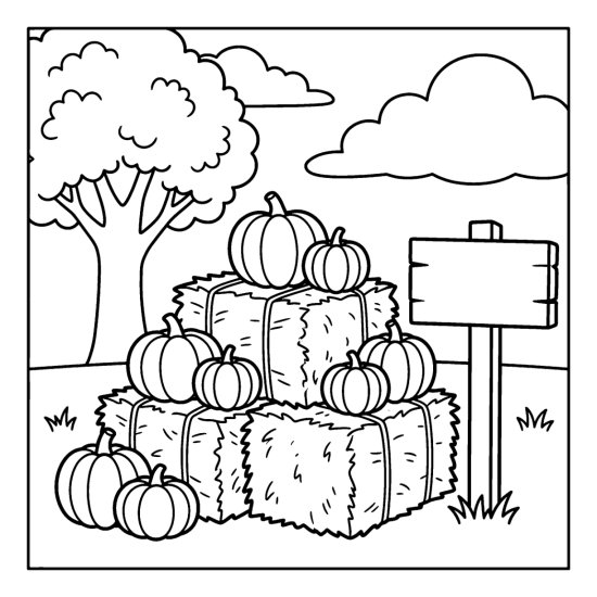 Round pumpkins arranged on stacked straw bales by a blank sign post, coloring page