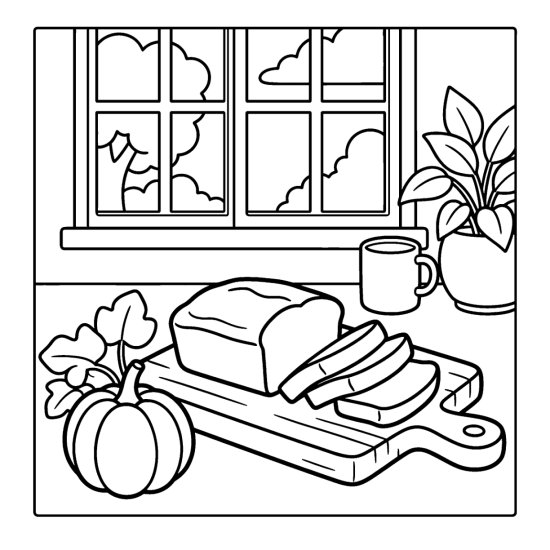 Sliced pumpkin loaf on a cutting board by a small pumpkin and window, coloring sheet