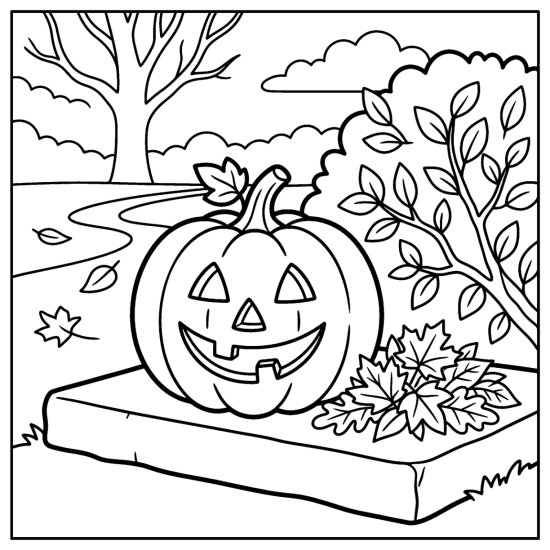 Carved pumpkin with a silly toothy grin on a stone step by a bush, coloring page