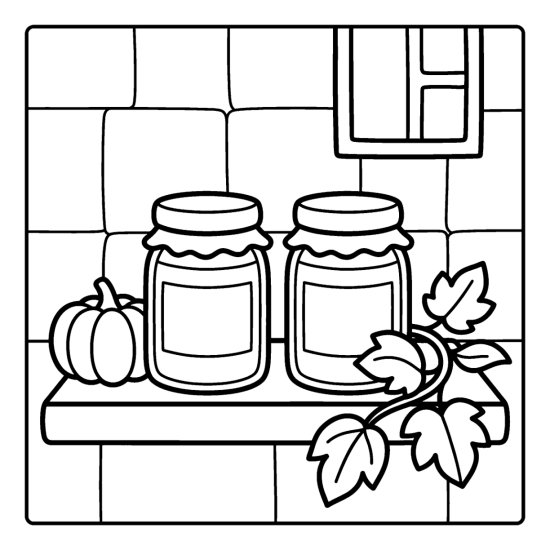 Two jars of pumpkin jam with blank labels on a kitchen shelf, coloring sheet