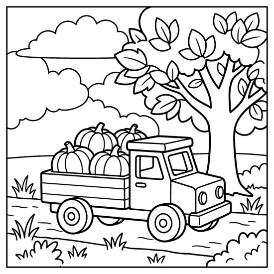 Small wooden truck with its bed full of pumpkins on a country lane, bold and easy