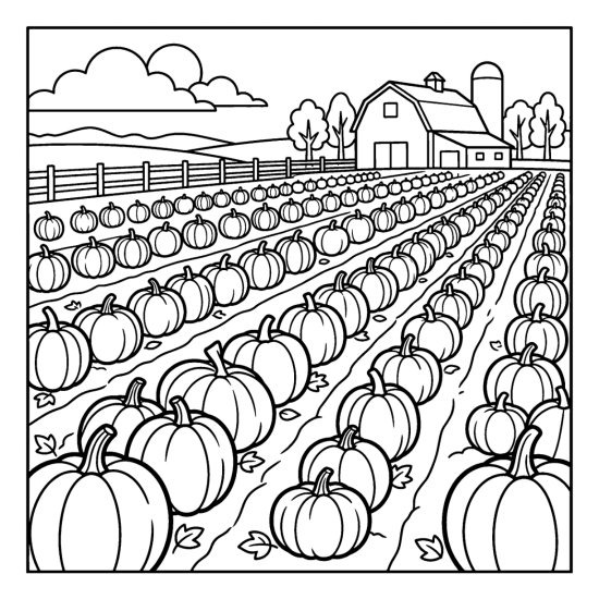 Long rows of round pumpkins across an open field by a barn, coloring page