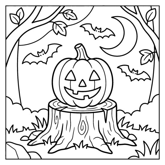Single glowing pumpkin with a candle on a stump under a crescent moon, coloring sheet