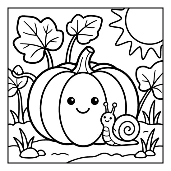 Round pumpkin with a smiling face and a tiny snail in a garden, bold and easy