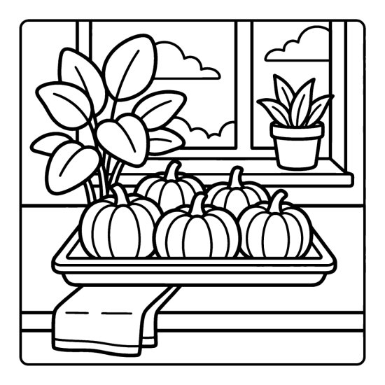 Tray of tiny decorative pumpkins on a counter with a folded cloth, coloring page