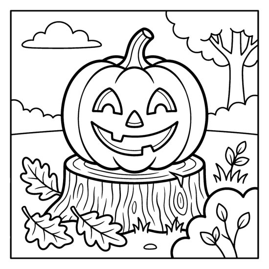 Carved pumpkin with a big smiling face glowing on a tree stump, bold and easy