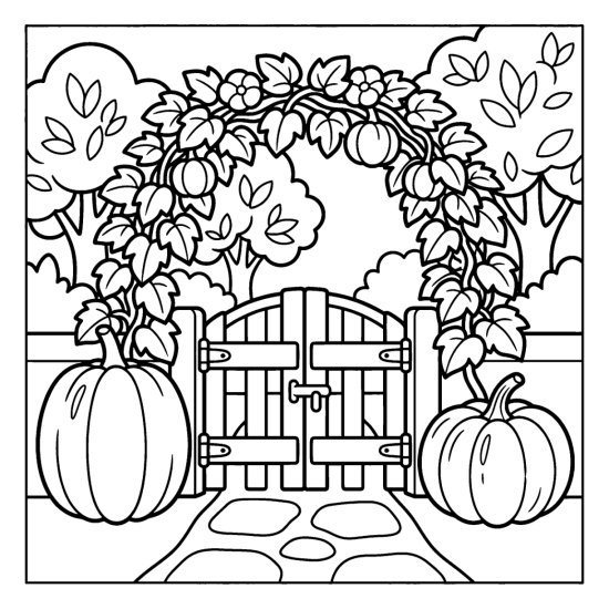 Garden gate flanked by two large pumpkins with a leafy vine arch, coloring sheet