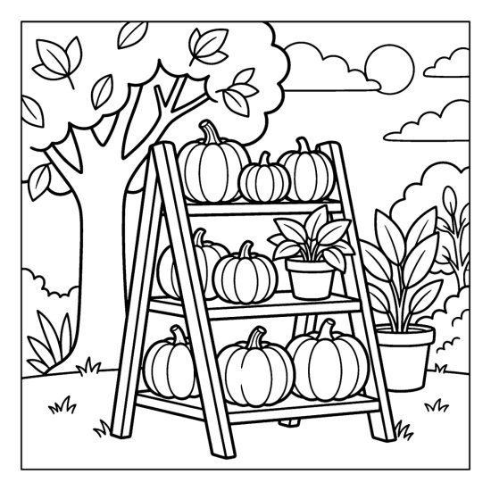 Round pumpkins arranged on a wooden ladder shelf in a yard, bold and easy