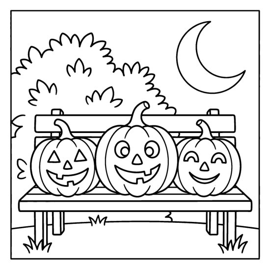 Three carved pumpkins with friendly faces on a garden bench, coloring page