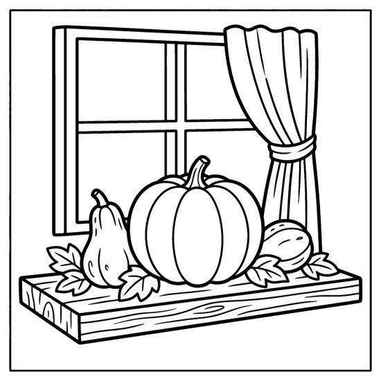 Pumpkin and two gourds with leaves on a wooden shelf by a window, coloring sheet