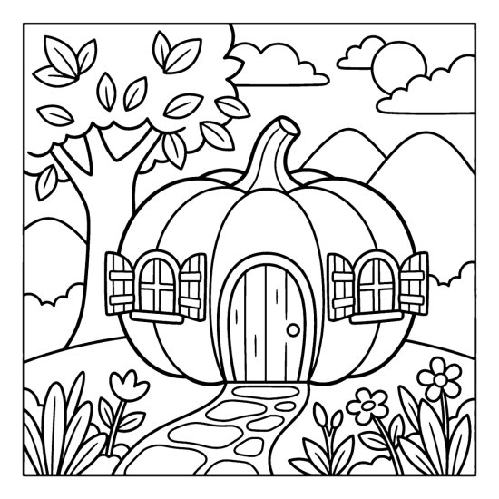 Little cottage made from a giant pumpkin with a door and shutters, bold and easy