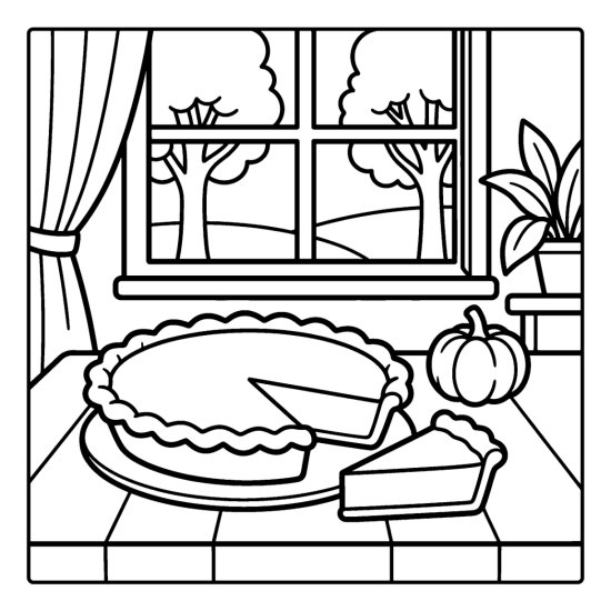 Whole pumpkin pie with a cut slice on a kitchen table by a window, coloring page
