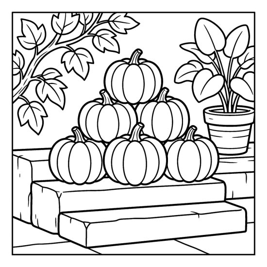 bold and easy pumpkin coloring pages with a pyramid of round pumpkins on stone steps beside a potted plant, coloring page