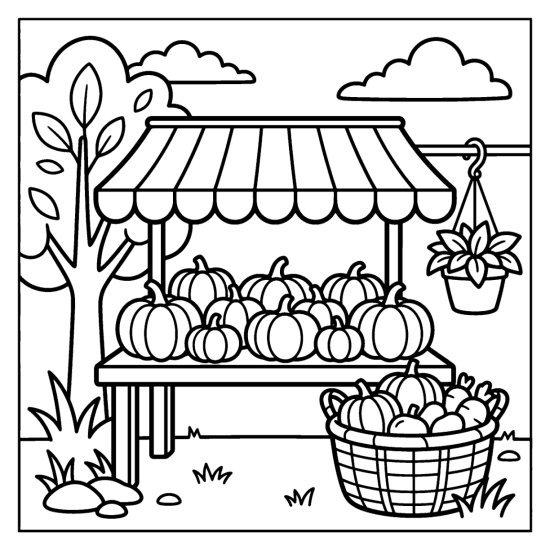 Market stall piled with round pumpkins under a striped awning, coloring sheet